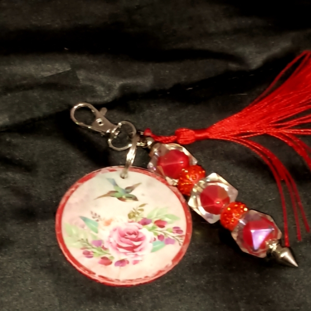 Hand Crafted Red Floral Key & Card Holder with Tassel